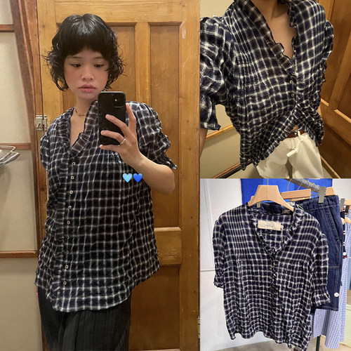 viaplain荷叶边格子衬衫东大门夏季新款韩系V领显瘦泡泡袖上衣女