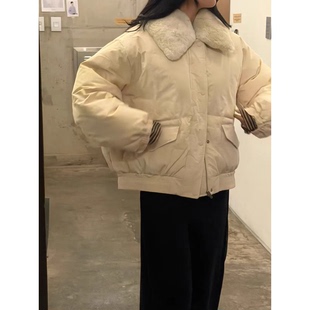 秒发 减龄设计感25冬韩国宽松复古拉链毛毛翻领鹅绒羽绒服外套女