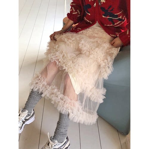 大促清仓！藤姐同款韩国春甜美温柔氛围感木耳边拼接网纱裙半身裙