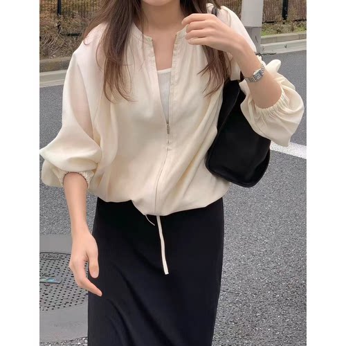 现货！OUNCE拉链防晒外套韩国26夏新款休闲浅黄色圆领衬衫上衣女