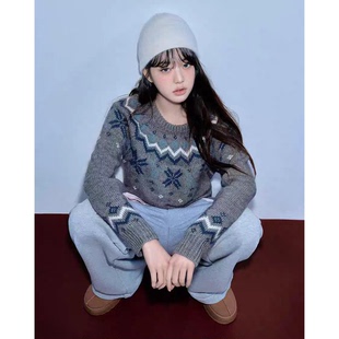 提花毛衣韩国25冬新款 英同款 复古费尔岛圆领针织上衣女 张元 秒发