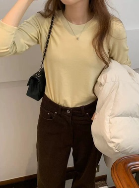 秒发！OUNCE万能打底韩国25冬软糯好穿简约纯色圆领长袖T恤上衣女