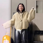 麂皮绒韩国新款 jennie同款 牛角扣立领羊毛短款 宽松夹克外套