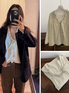 陆续！法式甜美风韩国25冬vi*plain气质V领波点荷叶边长袖衬衫女