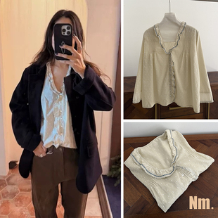 女 衬衫 法式 甜美风韩国2026viaplain气质V领波点荷叶边长袖