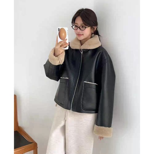 现货！鸡蛋家皮毛一体外套25冬韩国e*g撞色翻领双拉链毛绒夹克女