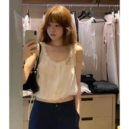 OUNCE甜美花边单排扣背心韩国26夏季新款法式复古无袖抽绳上衣女