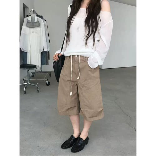 秒发！韩系工装直筒七分裤东大门夏季新款显瘦抽绳收腰休闲裤女