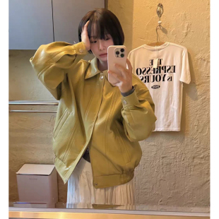 低饱和姜黄色皮衣2026早春季 韩国overdueflair翻领拉链外套女 新款