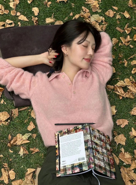 秒发！荷静同款polo衫25冬韩国ged纯色翻领套头长袖针织衫毛衣女