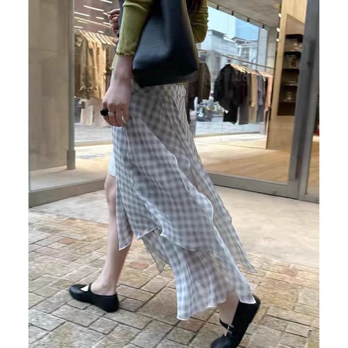 秒变大长腿！韩系高腰显瘦A字裙夏季新款不规则撞色格子半身裙女