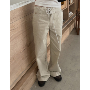 韩国复古通勤拼接口袋直筒休闲裤 新品 女 小众设计感2026春季 现货