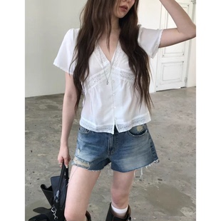 现货！Nuese微透甜美短袖衬衫韩国26夏新款通勤OL风气质V领上衣女
