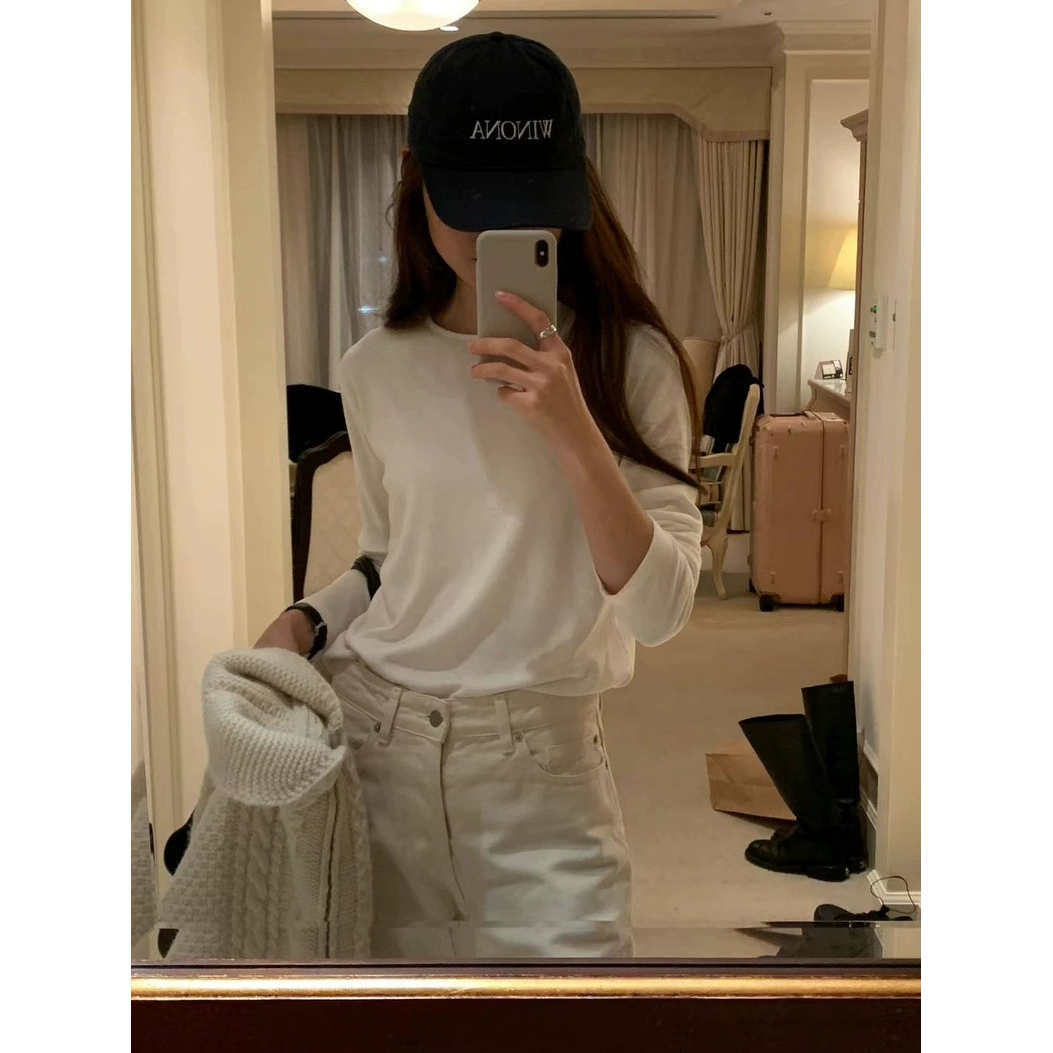 陆续！闭眼入2025秋韩国OUNCE气质纯色舒适磨毛圆领长袖打底T恤女