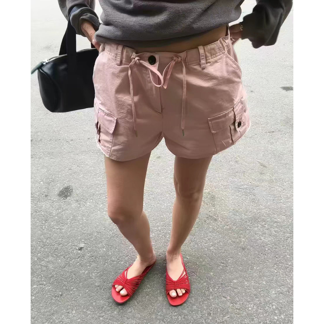 呼吸家韩系纯色高腰显瘦直筒热裤东大门夏季新款抽绳工装短裤女