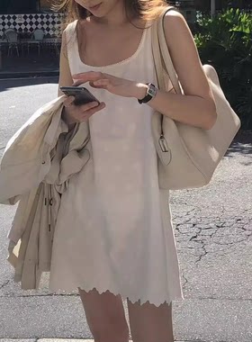 秒发！OUNCE极简背心裙26夏新款韩国简约刺绣白色Ａ字连衣裙女