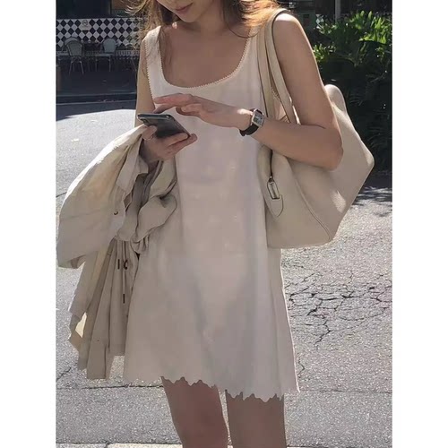 秒发！OUNCE极简背心裙26夏新款韩国简约刺绣白色Ａ字连衣裙女