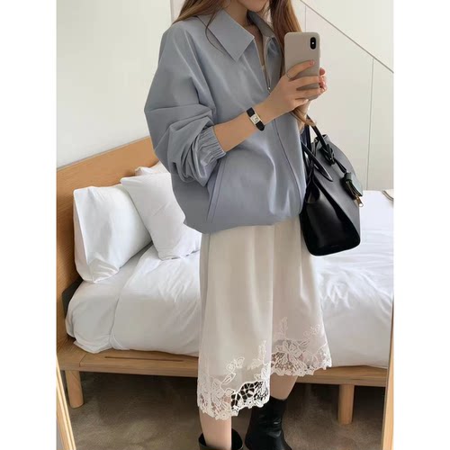 秒发！OUNCE蕾丝拼接半身裙26夏新款韩国松紧腰垂感白色中长裙女