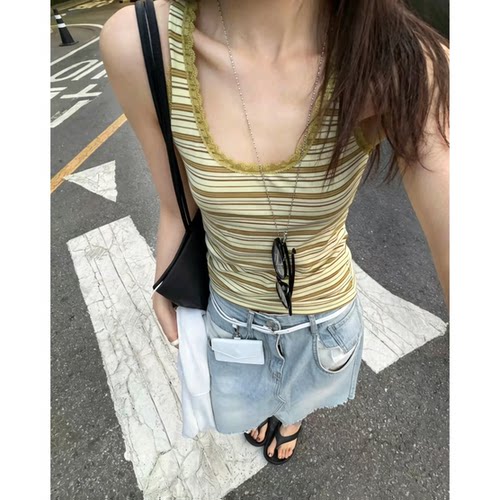 纯欲天花板韩系蕾丝花边条纹背心韩国夏季新款修身显瘦无袖上衣女