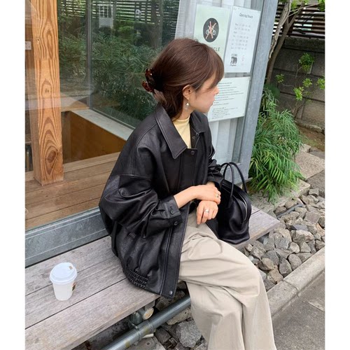 通勤松弛感的神！OUNCE复古翻领落肩皮衣韩国26秋新款黑色外套女