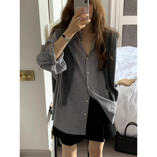 25冬韩国气质翻领宽松休闲双色上衣女 衬衫 秒发 OUNCE细格子长袖