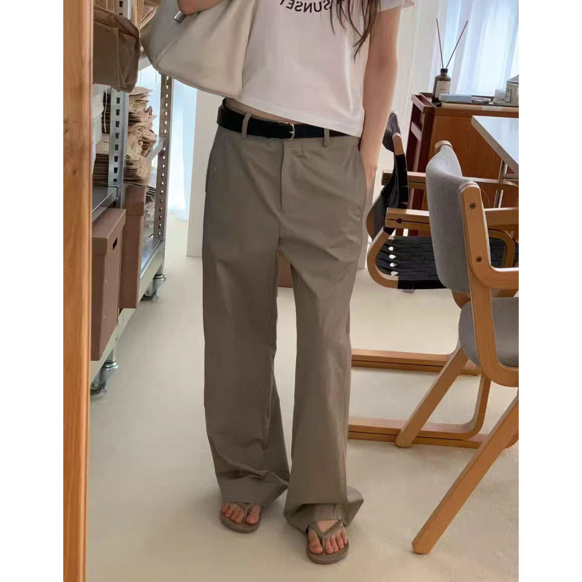秒发！韩系高腰显瘦休闲裤东大门夏季气质百搭垂感阔腿直筒长裤 - 实物图