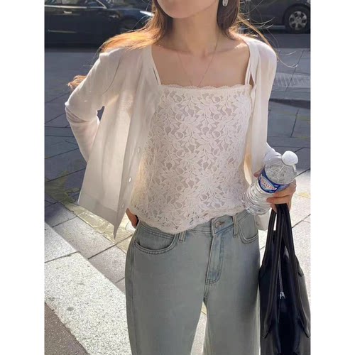 OUNCE纯欲两件套韩国26夏季新款蕾丝吊带+薄款防晒针织开衫上衣女