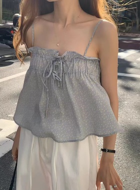 现货！甜妹天菜韩系碎花吊带韩国OUNCE夏季新款显瘦A字无袖上衣女