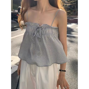 甜妹天菜！韩系碎花吊带韩国OUNCE夏季新款系带显瘦A字无袖上衣女