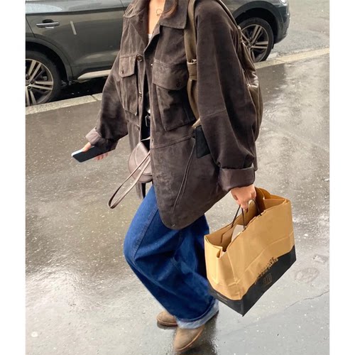 现！ethos休闲翻领大口袋麂皮外套韩国26秋新款宽松工装风夹克女