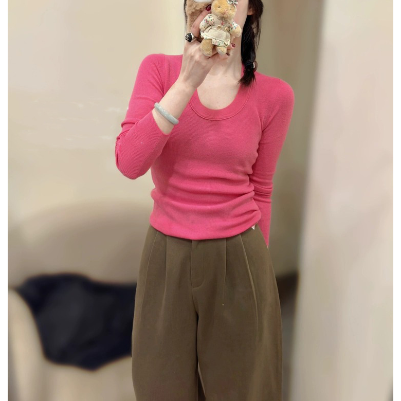 秒发！闭眼入韩国25冬洋气修身软糯玫粉色U领内搭羊毛针织打底衫