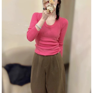 软糯玫粉色U领内搭羊毛针织打底衫 陆续 闭眼入韩国25冬洋气修身