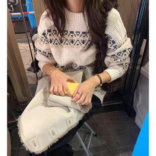 秒发 费尔岛撞色提花毛衣25秋冬韩国宽松复古圆领羊毛针织上衣女