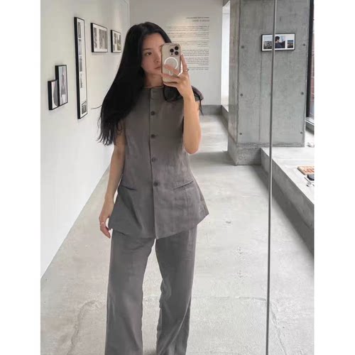 摸摸头亚麻两件套女东大门夏季新款韩系西装马甲+高腰阔腿长裤子