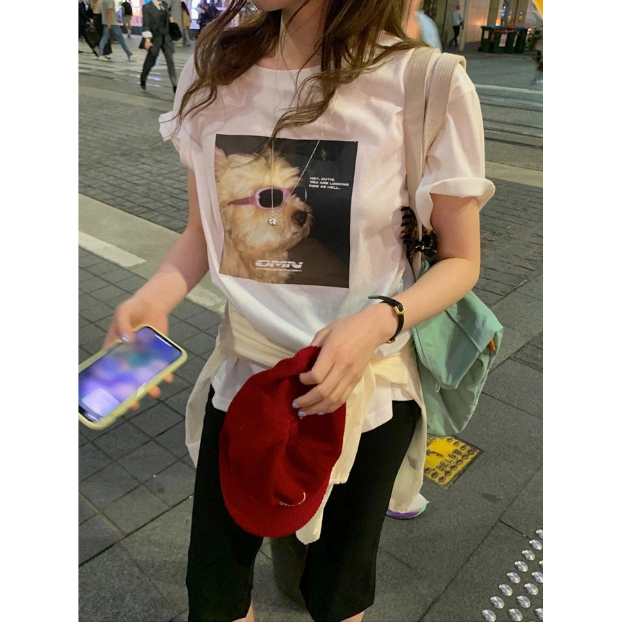 秒发！小狗印花短袖T恤25夏韩国趣味可爱墨镜狗狗图案套头上衣女