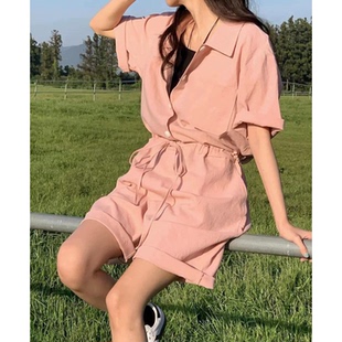 秒发！橘粉色棉麻连体短裤韩国东大门夏通勤复古腰部抽绳连体衣女