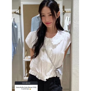 秒发!八奶家26夏韩国减龄荷叶边娃娃领百搭纯欲短袖衬衫上衣女