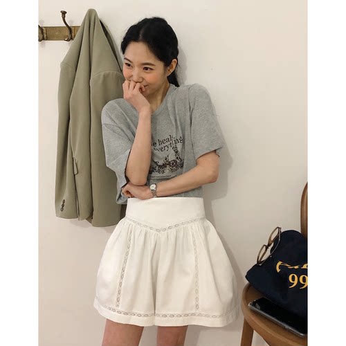 秒发！韩国2026夏季新款宽松休闲百搭蕾丝拼接高腰a字阔腿短裤女