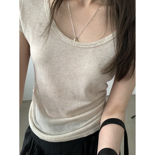现货！韩系简约掐腰针织上衣韩国东大门26年夏新款U领短袖T恤女