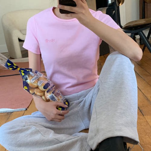 特价清仓！甜美多巴胺少女粉T恤韩国夏刺绣字母休闲正肩短袖上衣