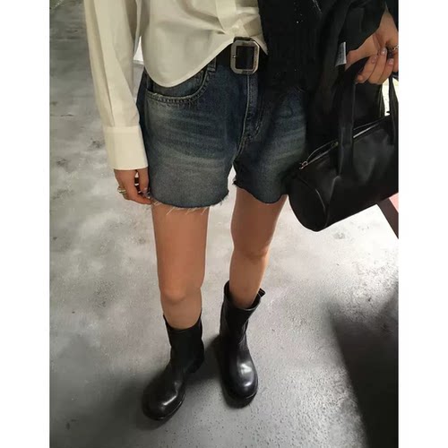 秒发！呼吸家breathe直筒水洗夏新款韩系宽松毛边开叉牛仔短裤女