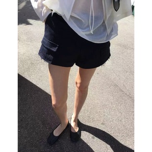 秒发！呼吸家breathe工装短裤夏新款韩系纯色简约直筒毛边热裤女