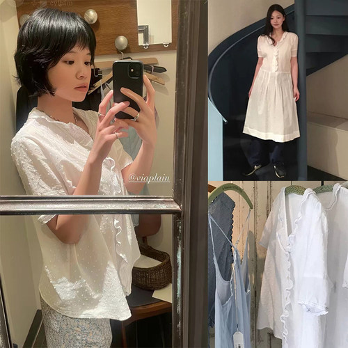 现货！2026夏季新款韩国viaplain甜美波点荷叶边短袖衬衫上衣女