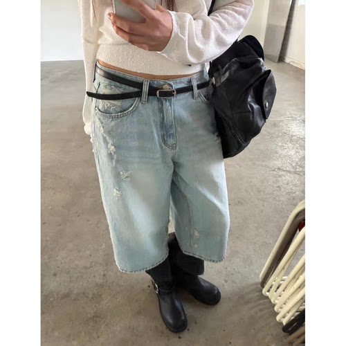 秒发！复古水洗蓝牛仔裤女26春夏新款韩国破洞毛边宽松七分裤子