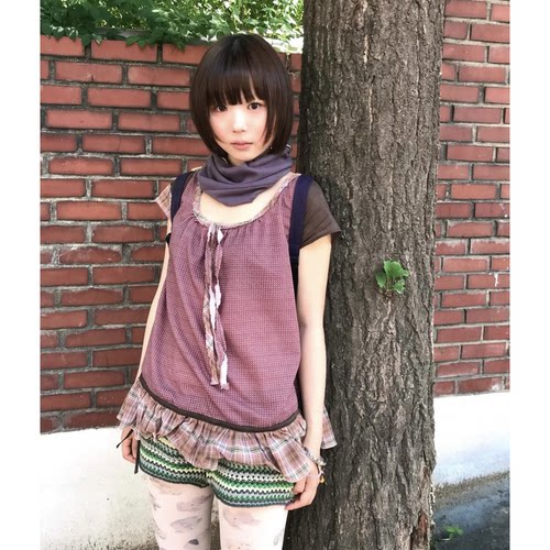 现！韩国coyseio复古格纹拼接撞色抽绳圆领花边下摆短袖衬衫女