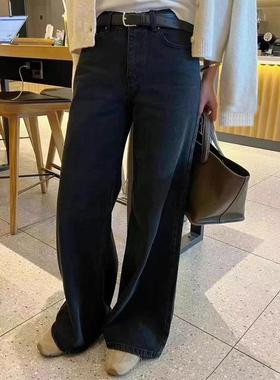 秒发！高腰炭黑色阔腿长裤25冬韩国re*aking宽松显瘦直筒牛仔裤女