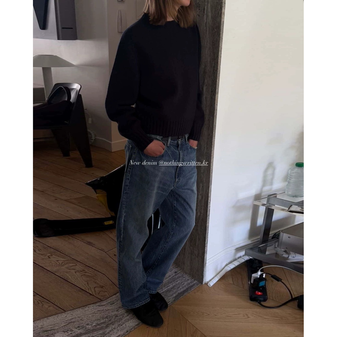 陆续！韩国设计师25冬新not*ing written复古浅蓝色加绒牛仔裤女