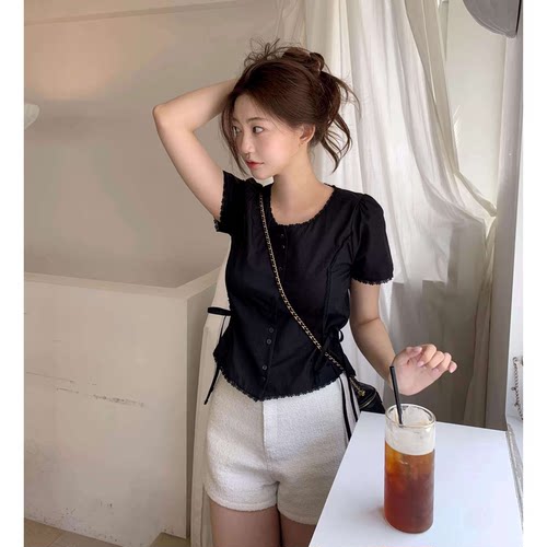 sale！zaenio蕾丝花边短袖衬衫韩国系带收腰设计黑色单排扣上衣女