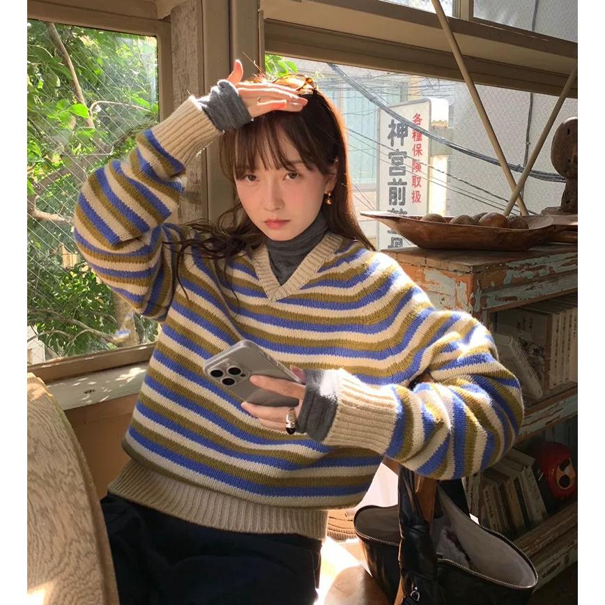 秒发!韩国2025秋季le*obe美娜家V领套头撞色条纹羊毛针织毛衣女