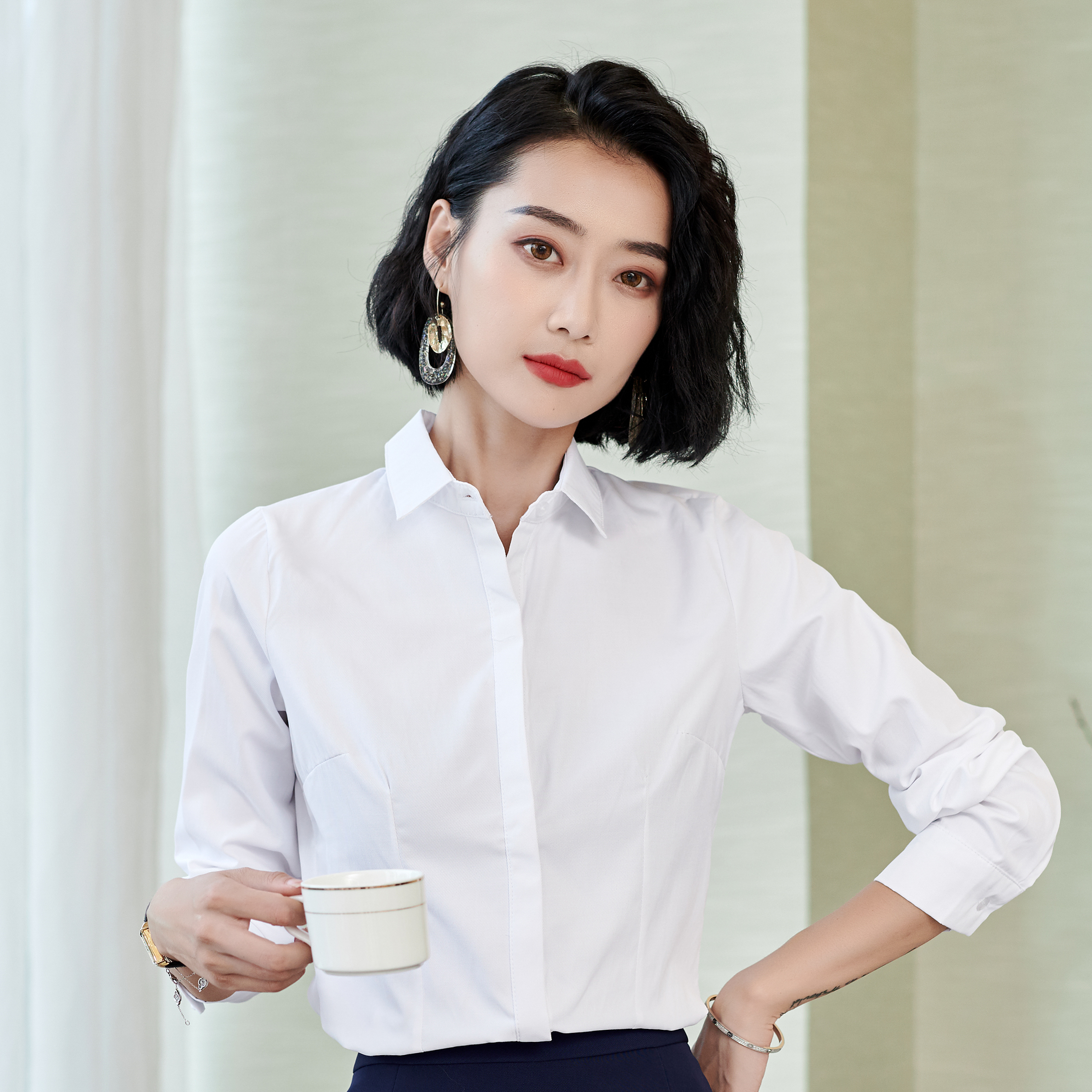 职业装白衬衫女长袖防走光修身正